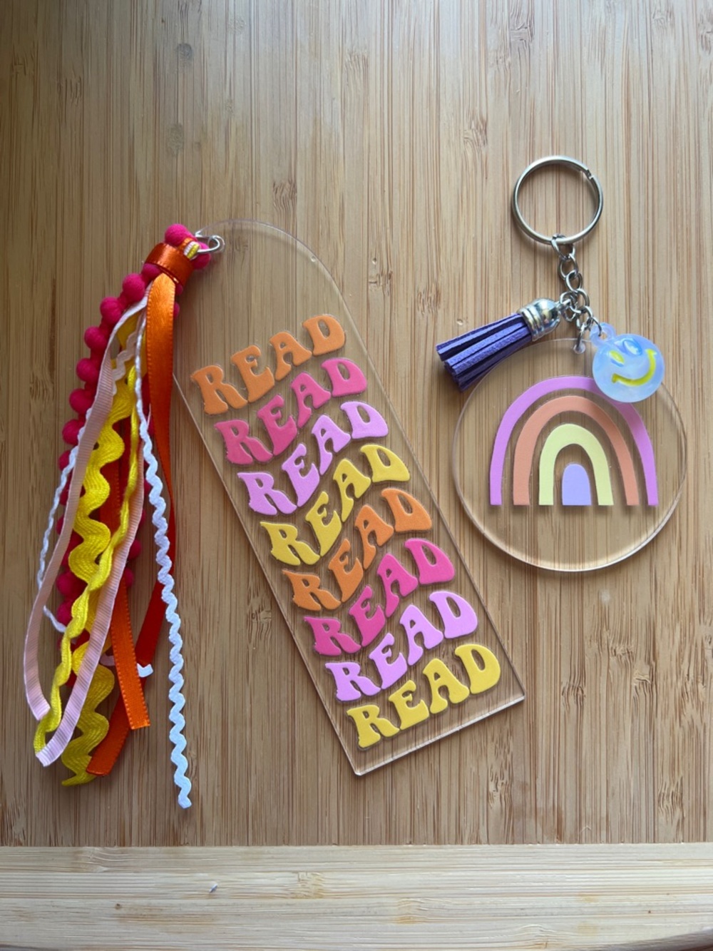 Handmade READ Acrylic Bookmark and Rainbow Keychain Set